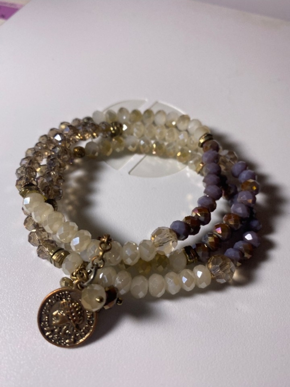 NWOT Jane Marie Multi-Strand Ivory, Purple Gold Beaded Coin Stretch Bracelet